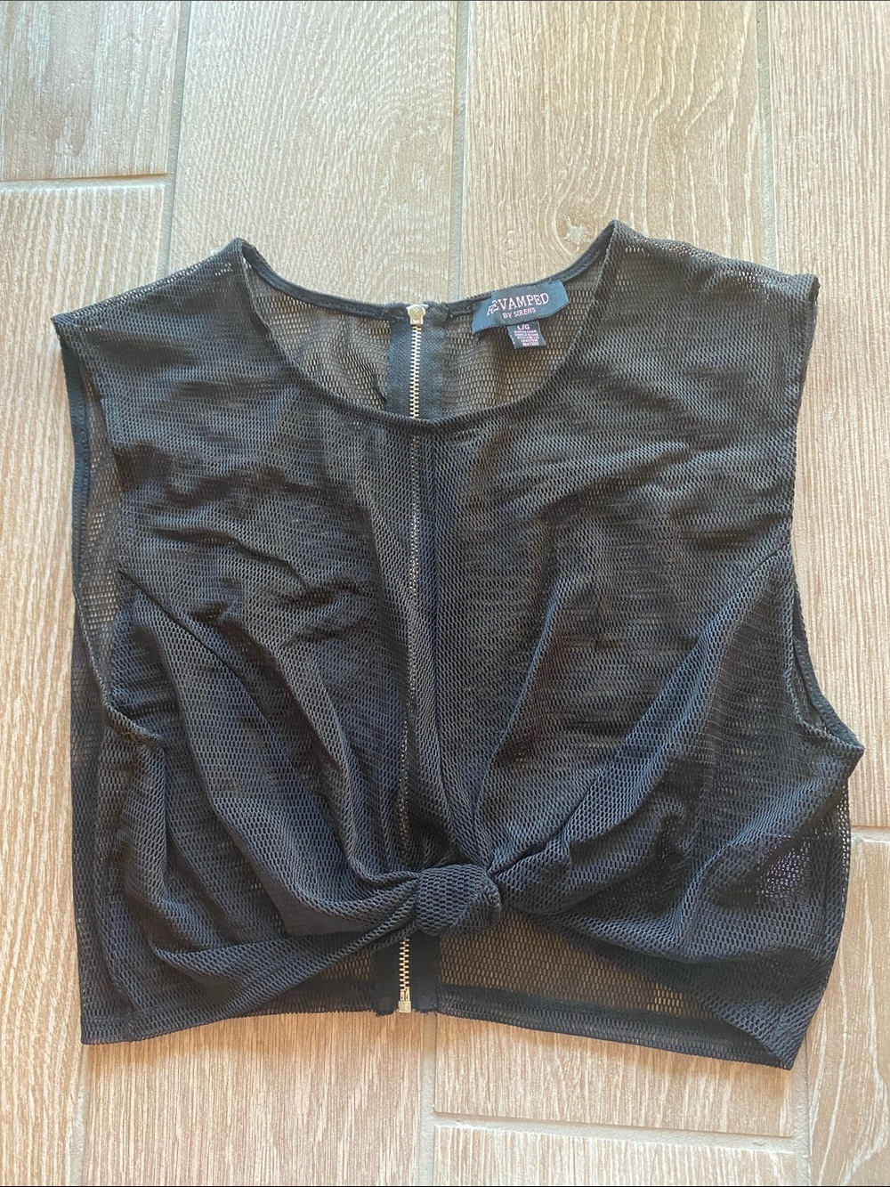 Revamped Black Mesh Knot-Front Cropped Top